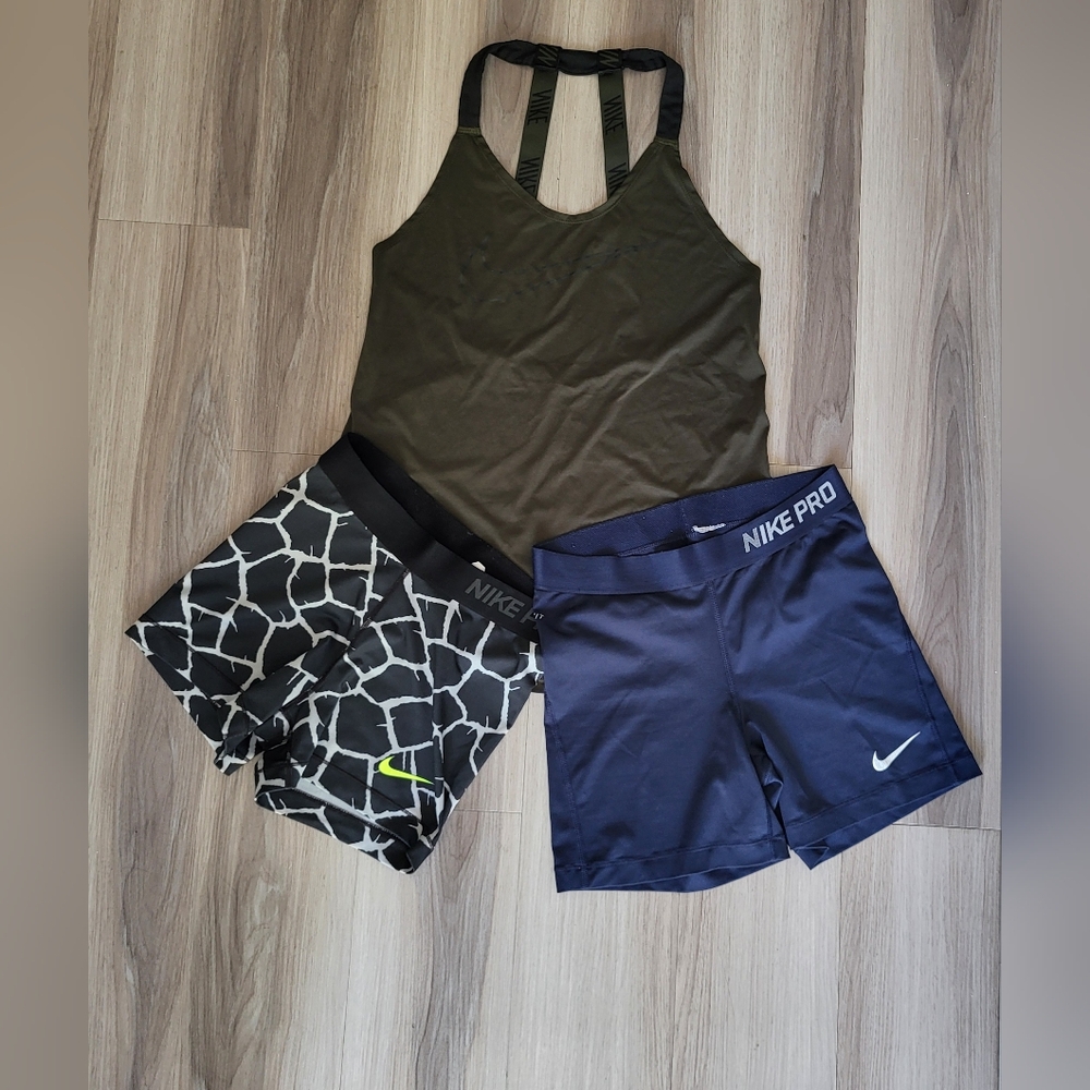 Nike Pro Black and Navy Shorts with Olive Tank Bundle.